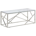 vidaXL Silver Stainless Steel Coffee Table - Tempered Glass Top, Modern Accent Sofa Table for Living Room/Lounge, Rectangular 43.3"x17.7"x17.7"