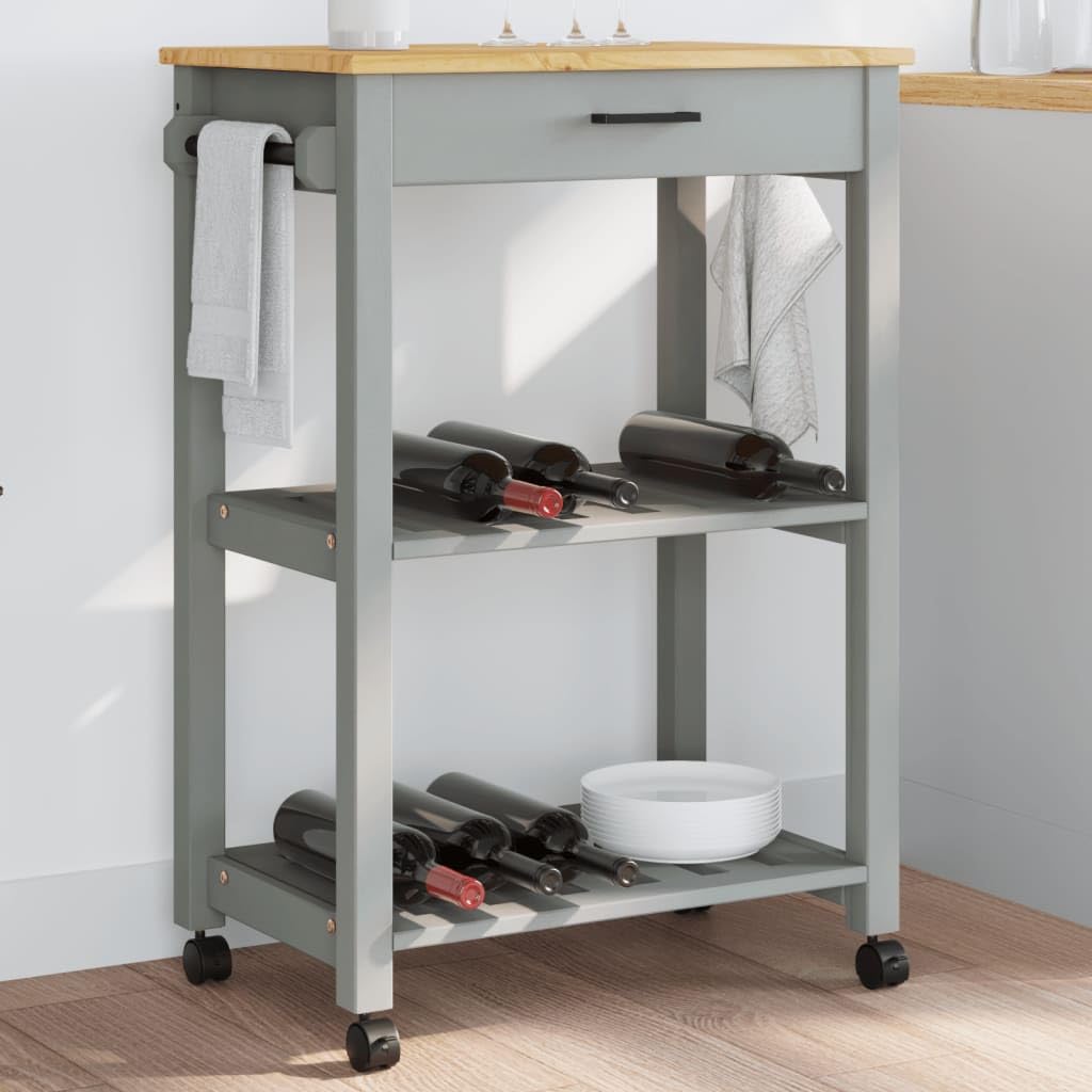 vidaXL Pine Wood Kitchen Trolley - Rolling Storage Cart with Drawer, Shelves, Locking Wheels - Gray/Honey Wax, 23.6"x15.7"x35.4"