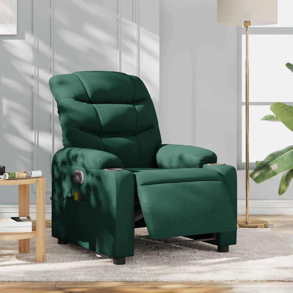vidaXL Electric Massage Recliner Chair - Wingback, Vibrating, Motorized Recline, Cupholders, Side Pocket, Dark Green Fabric, Cozy Armchair for Living Room/Office