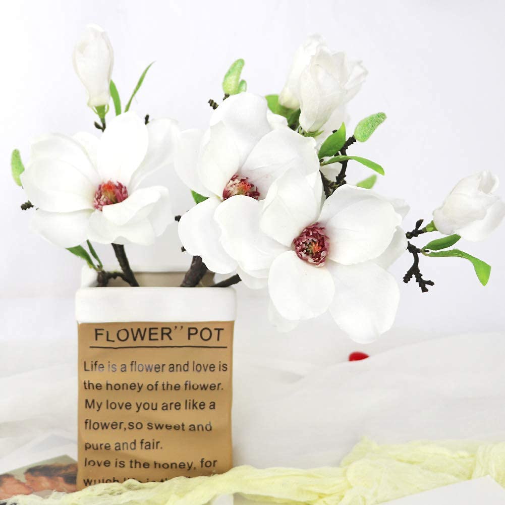 Liucogxi 6 Pcs White Silk Artificial Magnolia Flowers Decoration Bouquet With Long Stem For Home Table Centerpiece Office Vase