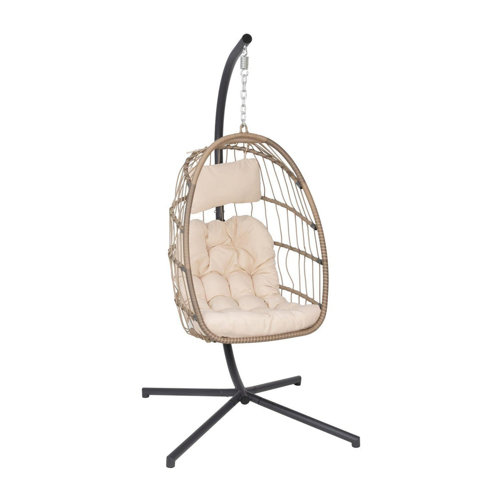 Flash Furniture Cleo Indoor/Outdoor Patio Hanging Egg Chair - Natural Frame With Cream Seat Cushions - Black Powder Coated C-Style Stand - Hanging Hardware Included