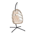 Flash Furniture Cleo Indoor/Outdoor Patio Hanging Egg Chair - Natural Frame With Cream Seat Cushions - Black Powder Coated C-Style Stand - Hanging Hardware Included
