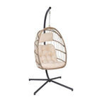 Flash Furniture Cleo Indoor/Outdoor Patio Hanging Egg Chair - Natural Frame With Cream Seat Cushions - Black Powder Coated C-Style Stand - Hanging Hardware Included