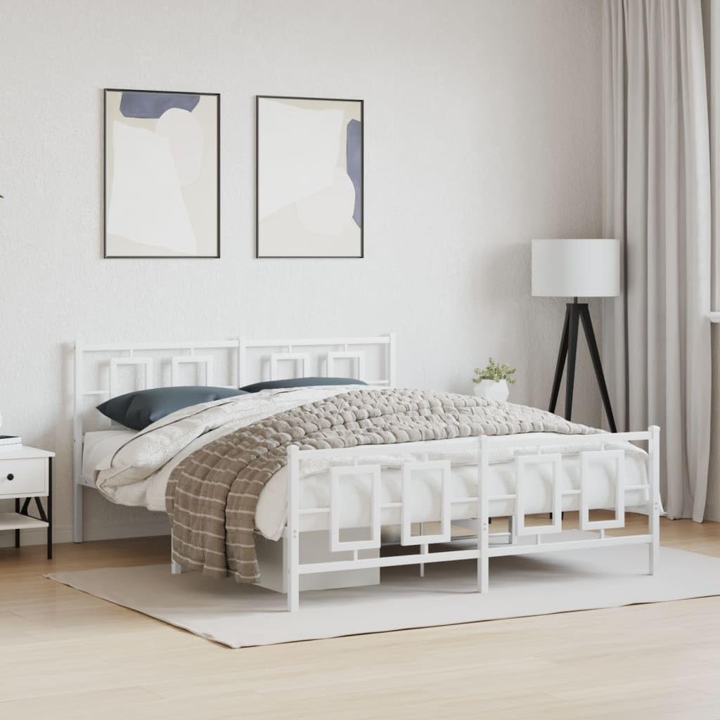 vidaXL White Metal Double Bed Frame with Slatted Support, Modern Bedroom Furniture with Headboard and Footboard - 59.1"x78.7"