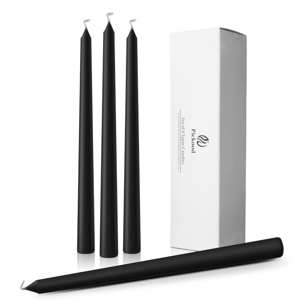 Pickood 10-Inch Tall Dripless Taper Candles Set of 4 - Black Tapered Candles, Perfect for Halloween - Smokeless, Unscented, Long