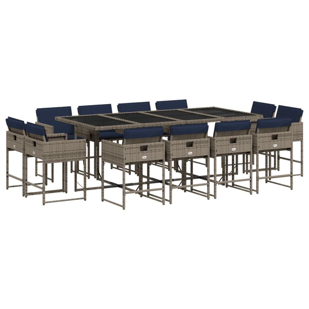 vidaXL 13 Piece Patio Dining Set with Cushions - Gray Poly Rattan, Glass Tabletop, Compact Storage, UV-Resistant