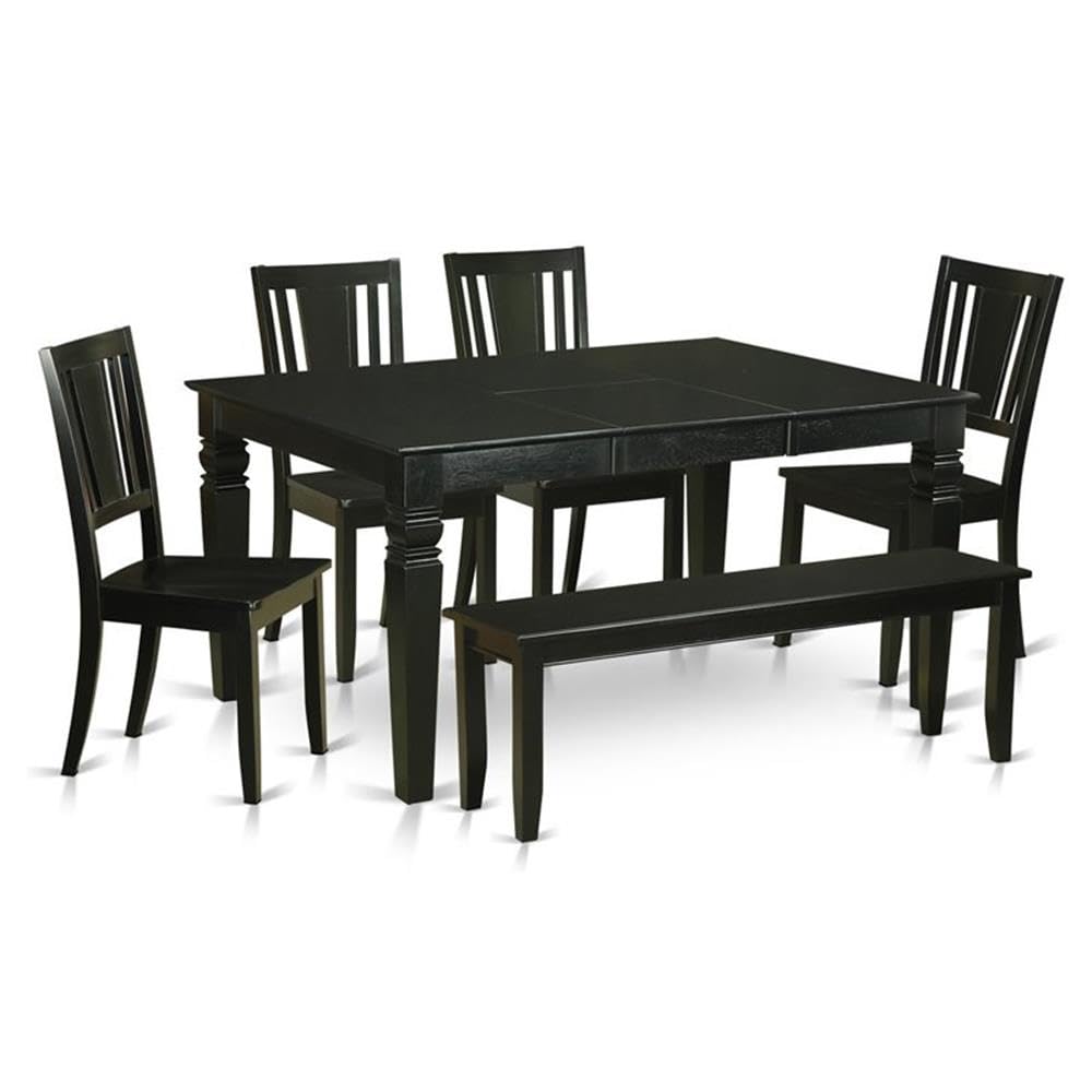 East West Furniture WEDU6D-BLK-W 6 Piece Dining Table Set Contains a Rectangle Wooden Table with Butterfly Leaf and 4 Dining Room Chairs with a Bench, 42x60 Inch, Black