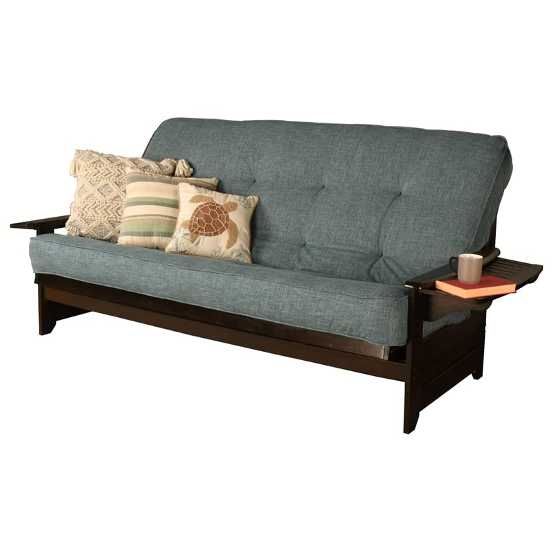 Kodiak Furniture Phoenix Queen-Size Espresso Wood Futon-Linen Aqua Blue Mattress