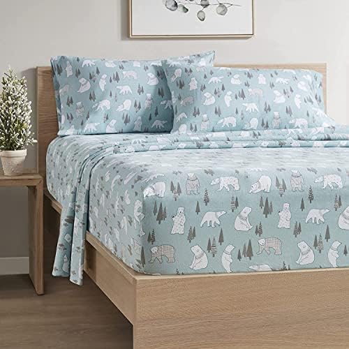 Comfort Spaces Cotton Flannel Breathable Warm, Deep Pocket Sheets With Pillow Case Bedding, Queen, Blue Polar Bears 4 Piece