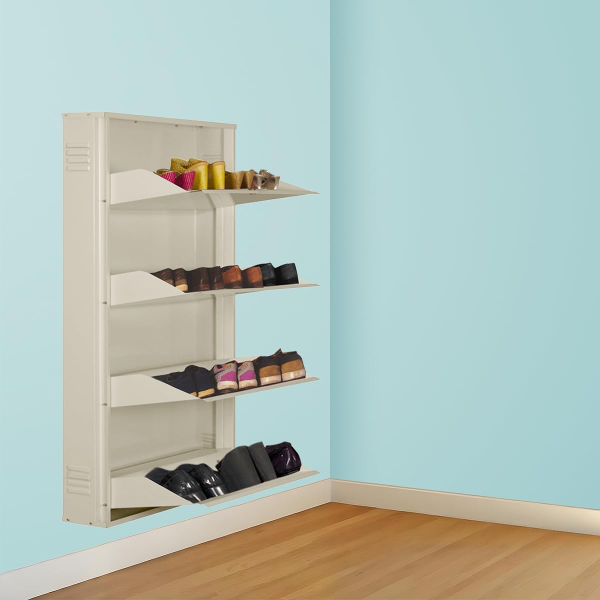 Delite Kom 29 Inch Wide, 4 Shelf Metal Shoe Rack Wall Mounted For Home With Central Lock | Holds Upto 14 Shoes Or 24 Slippers Pa