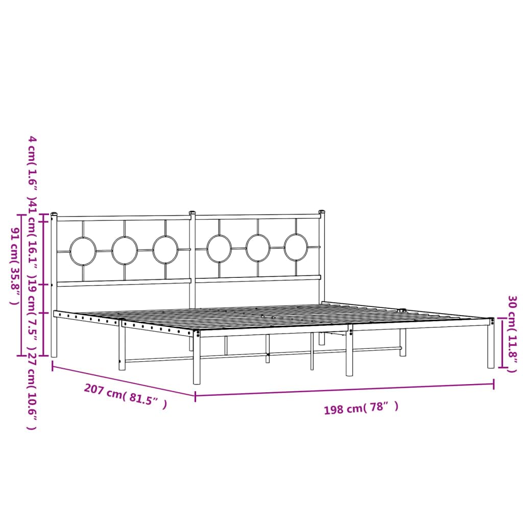 vidaXL White Metal King Bed Frame with Elegant Headboard - 76x79.9 Industrial Steel Construction, Breathable Slats, Added Bedroom Storage