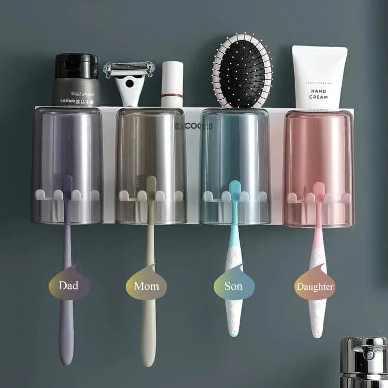 Wall Mounted Toothbrush Holder Organizer with 2 Cups | PunchFree Toothpaste Dispenser & Bathroom Storage Rack | Space Saving To