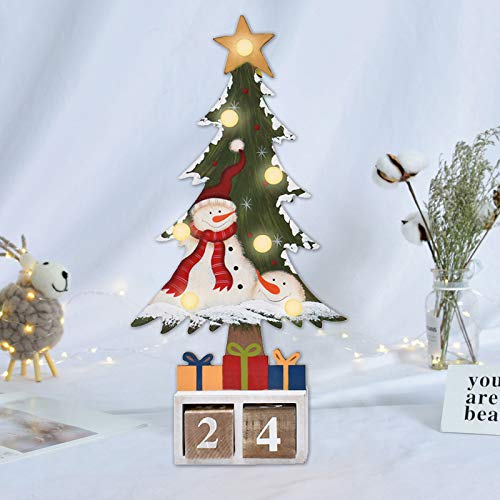 Christmas Tree Advent Countdown Calendar, Led Lighted Wooden Tabletop Christmas Countdown Calendar With Number Blocks (Red Hat S