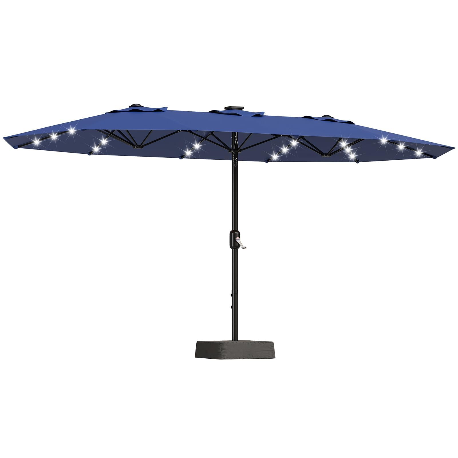 15FT Outdoor Patio Umbrella,Double-Sided Rectangle Market Umbrella with 36 LED Solar Lights & Base,UV50+ Weather-Resistant Overs
