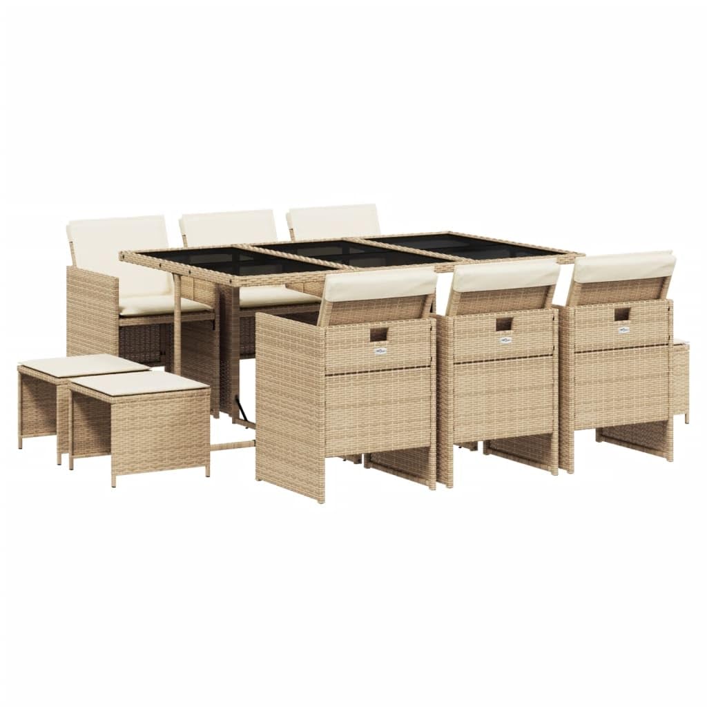 vidaXL 11 Piece Patio Dining Set – Beige Poly Rattan, Cushions Included, Space-Saving Storage, Tempered Glass Table for Outdoor/Backyard/Patio