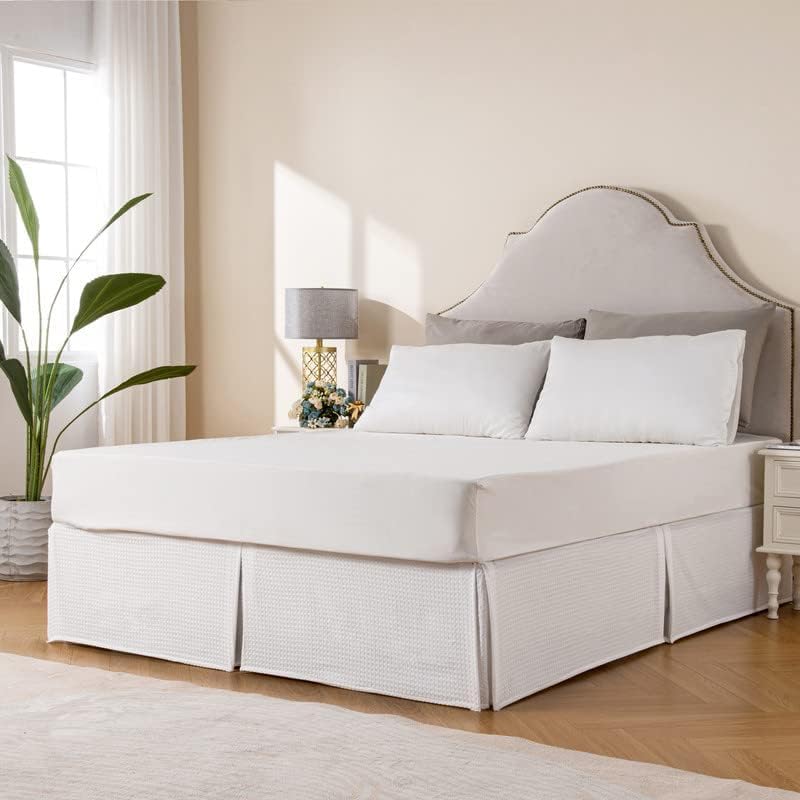 MIYE Pleated Waffle Weave Bed Skirt Tailored Dust Ruffle 22 Inch Drop White Full