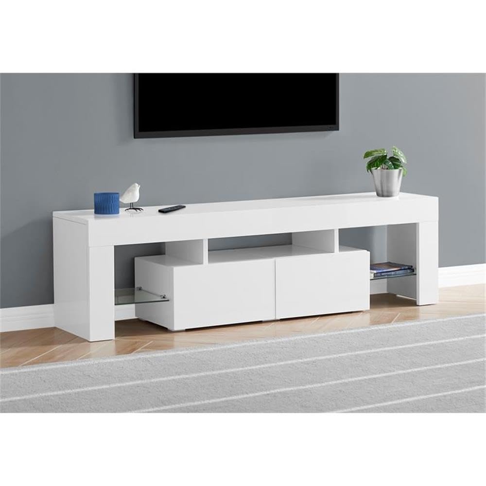 Monarch Specialties I 3548 Tv Stand, 63 Inch, Console, Media Entertainment Center, Storage Cabinet, Living Room, Bedroom, Laminate, Glossy White, Clear