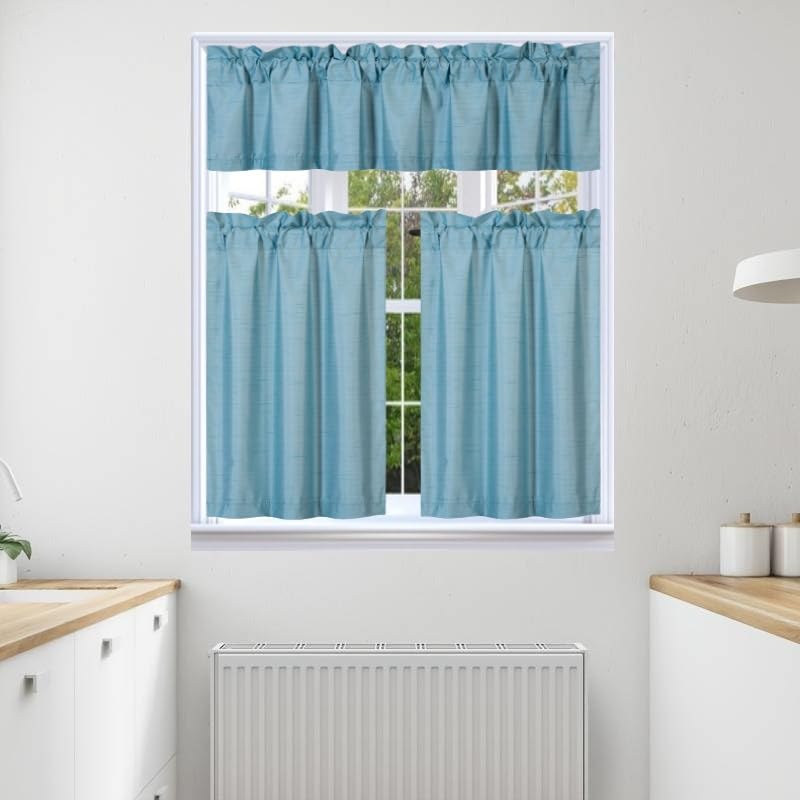 3Pc Set Solid Faux Silk Lined Blackout Rod Pocket Small Kitchen Window Curtain With Valance (K3) (Teal Blue)