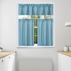 3Pc Set Solid Faux Silk Lined Blackout Rod Pocket Small Kitchen Window Curtain With Valance (K3) (Teal Blue)