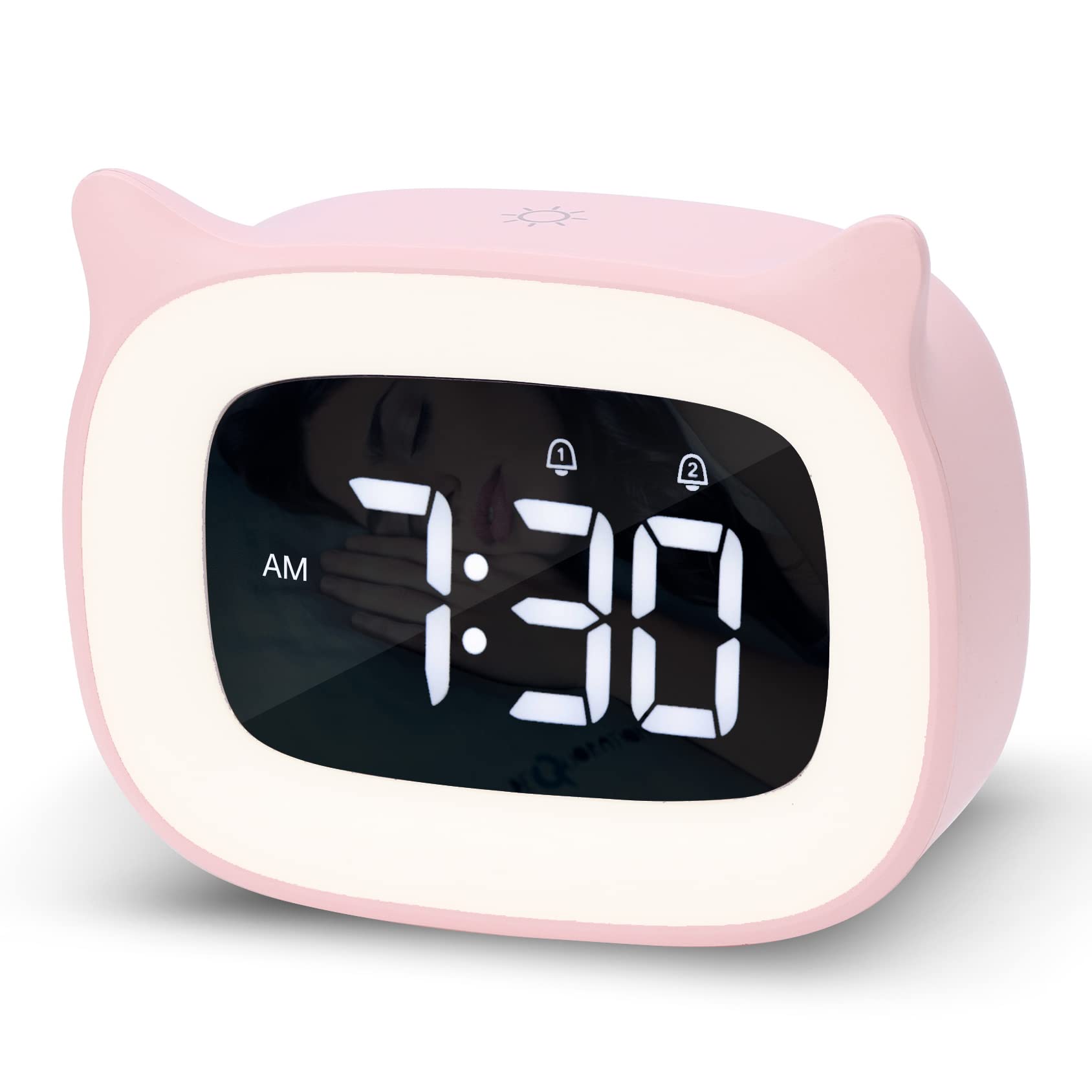 NESIFEE Pink Alarm Clock with Night Light, Cute Cat Alarm Clocks for Girls Toddlers Boys Birthday Gifts, Cute OK to Wake Alarm C