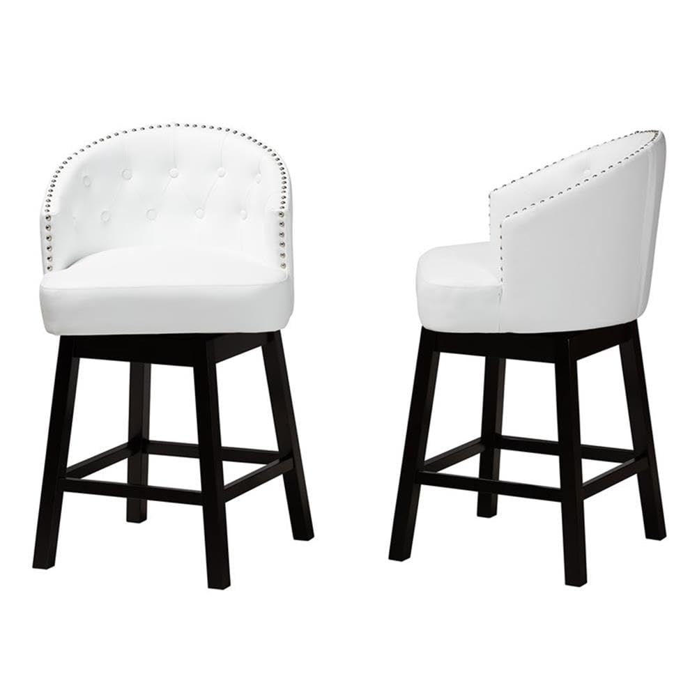 Baxton Studio Theron Mid-Century Transitional White Faux Leather And Espresso Brown Finished Wood 2-Piece Swivel Counter Stool Set