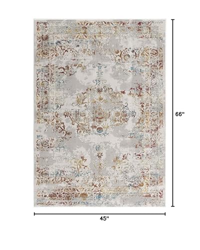 HomeRoots Multi 100% High Grade Polypropylene 4â€ x 6â€ Gray and Beige Distressed Ornate Area Rug
