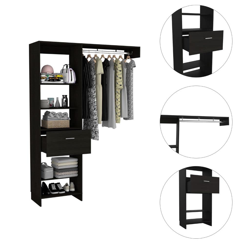 Dynamic 150 Closet System, 5 Open Shelves, 1 Drawer, 1 Metal Rod, Black