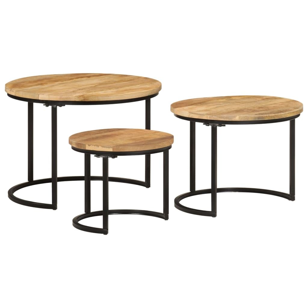 vidaXL Solid Rough Mango Wood Nesting Tables - 3 pcs Set of Round Stacking Coffee Tables with Industrial Design for Living Room, Bedroom, and Office Use