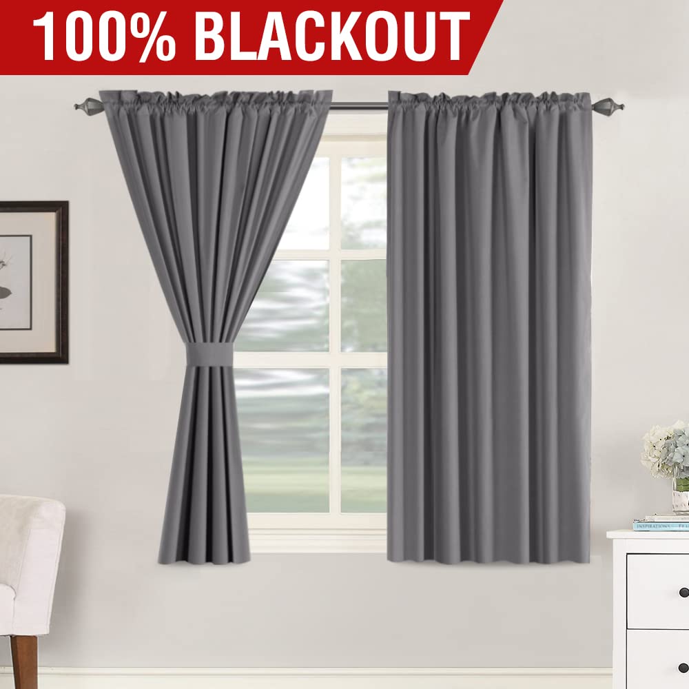 H.Versailtex 100% Blackout Curtains 45 Inches Long Full Light Blocking Curtain Draperies For Bedroom Living Room Thermal Insulated Functional Soft Thick Window Treatment Set Of 2 Panels, Grey