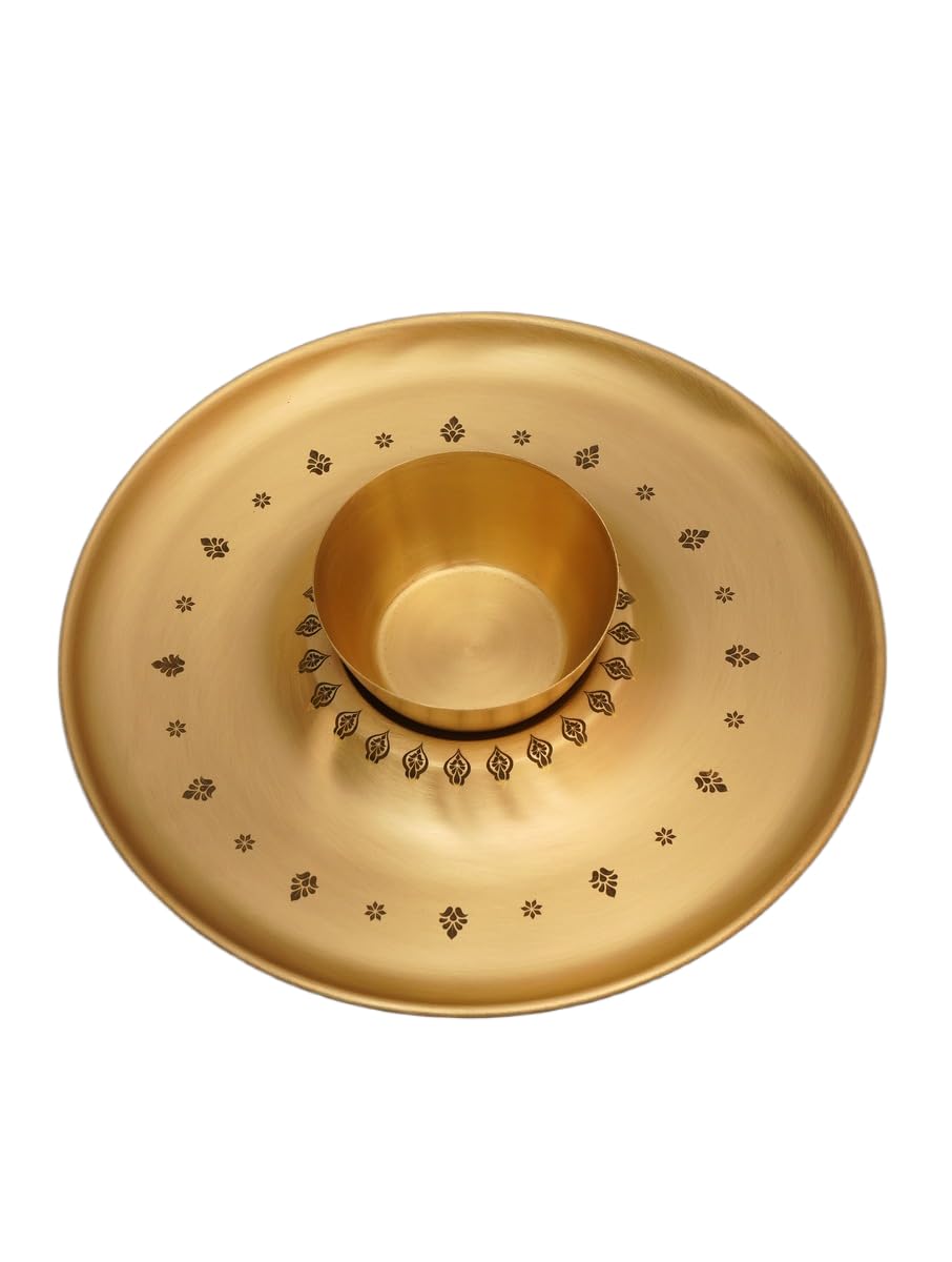 Jaypore Golden Brass Hand Crafted Plate With Bowl Traditional Dining Serveware Set For Meal Serving Table Presentation Decorativ