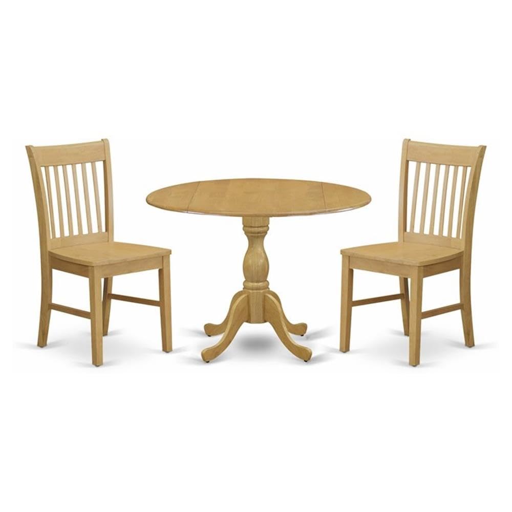 East West Furniture DMNF3-OAK-W 3 Piece Modern Dining Table Set Contains a Round Wooden Table with Dropleaf and 2 Kitchen Dining Chairs, 42x42 Inch, Oak