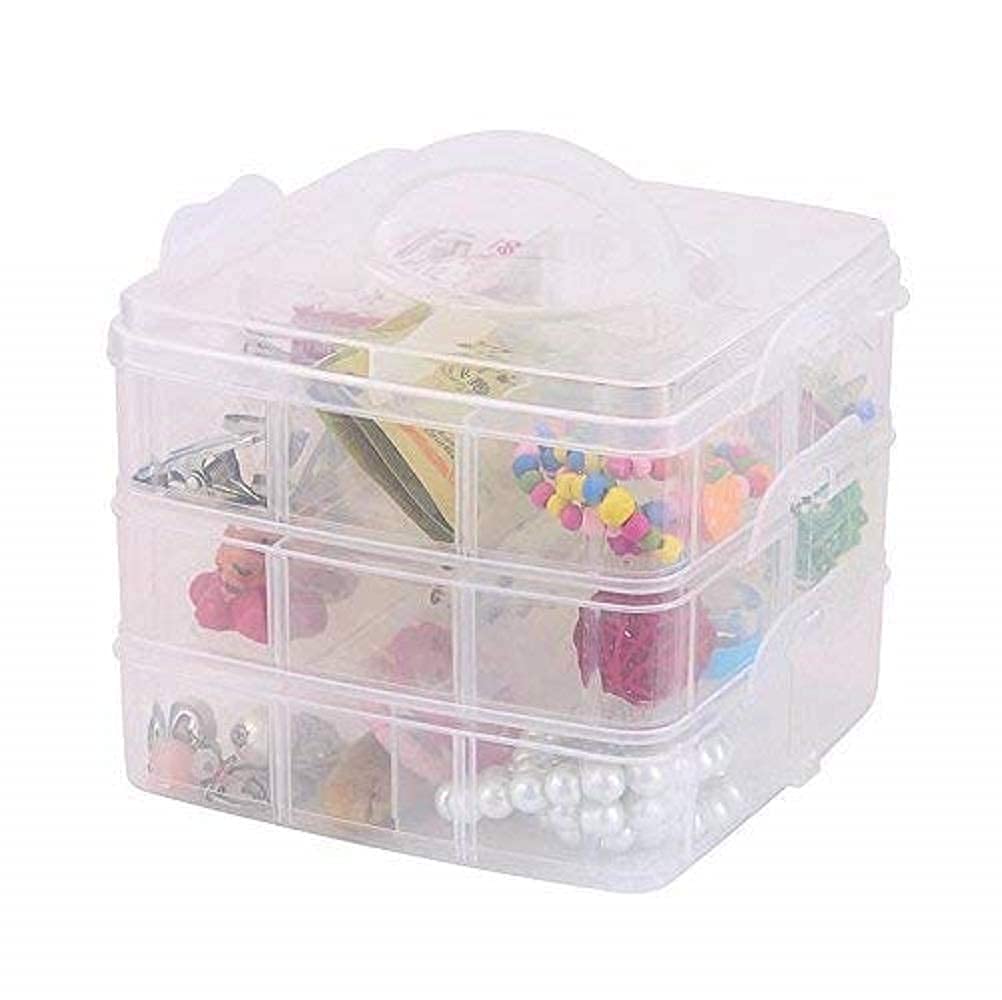 Plastic Stackable Storage Container with Handle, 3 Layer, 18 Adjustable Compartments for Organizing Dolls, Shopkins, Littlest Pe