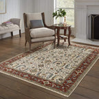 HomeRoots 507987 8 x 11 ft. Ivory Red Green Gray Blue & Navy Oriental Power Loom Stain Resistant Rectangle Area Rug with Fringe