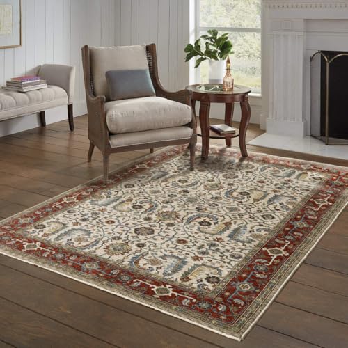 HomeRoots 507987 8 x 11 ft. Ivory Red Green Gray Blue & Navy Oriental Power Loom Stain Resistant Rectangle Area Rug with Fringe