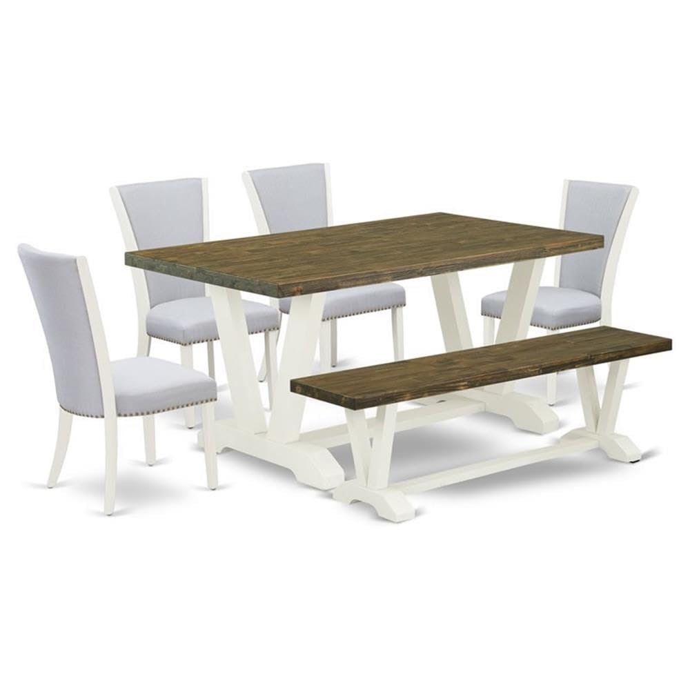 East West Furniture V076VE005-6 6 Piece Kitchen Table Set Contains a Rectangle Dining Table with V-Legs and 4 Grey Linen Fabric 