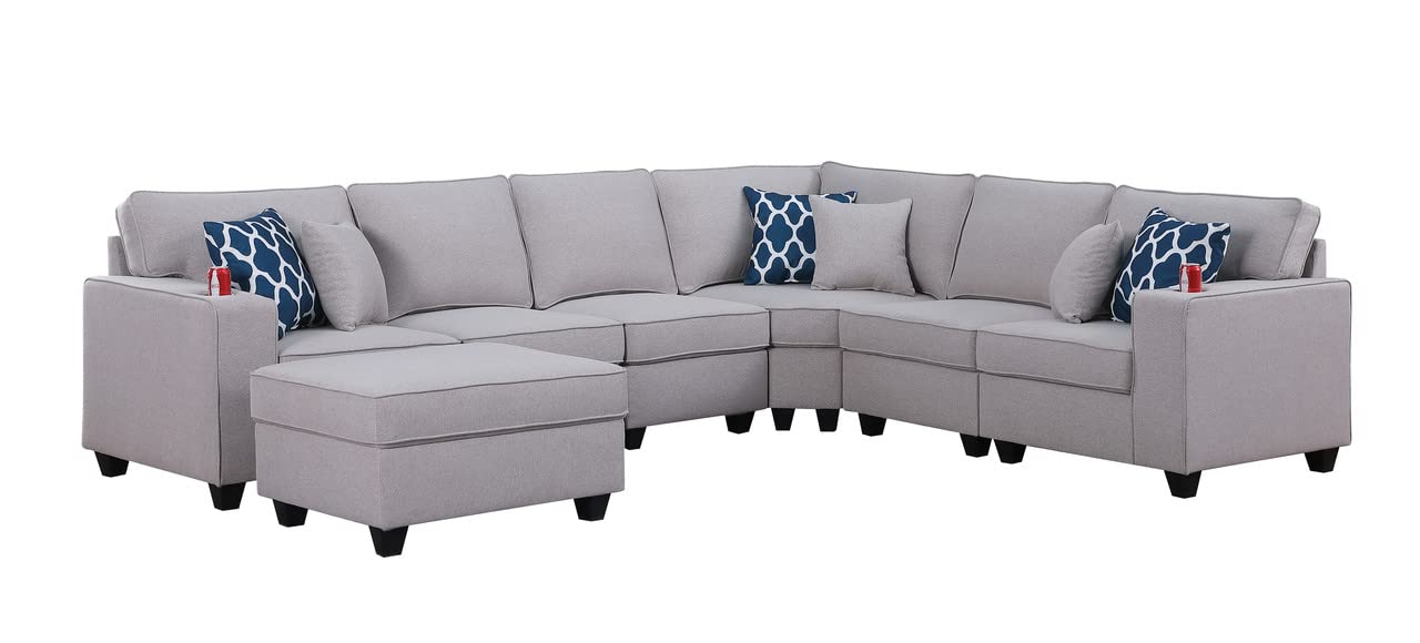 Lilola Home Cooper Light Gray Linen 7Pc Reversible L-Shape Sectional Sofa with Ottoman and Cupholder