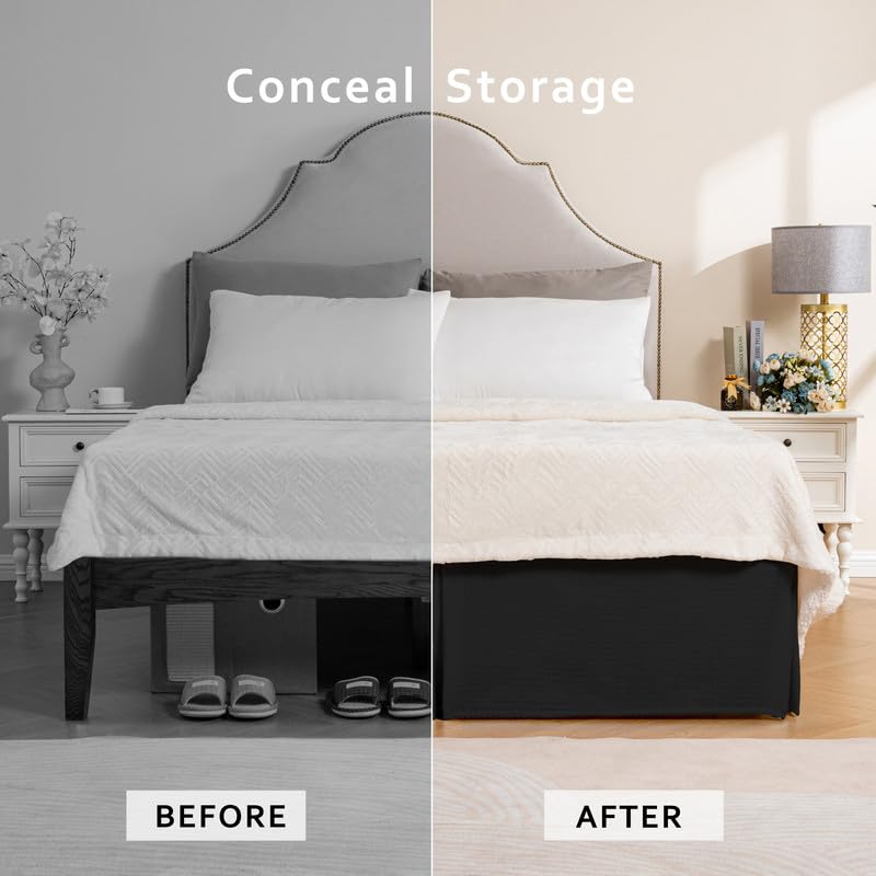 Miye Pleated Waffle Weave Bed Skirt, Tailored Dust Ruffle 12 Inch Drop Easy Fit, Machine Washable (Black, Queen - 12'' Drop)