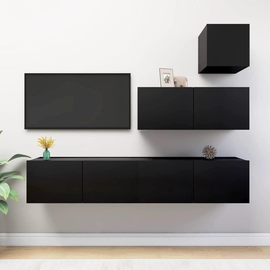 vidaXL TV Cabinet Set 4 Piece Home Living Room Bedroom Furniture HiFi Stereo Cabinet TV Stand Media Unit Entertainment Center Engineered Wood Black
