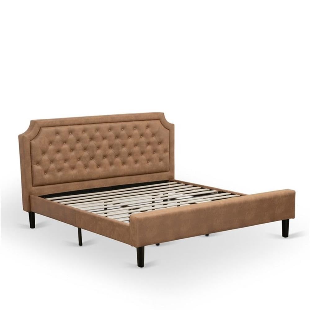 East West Furniture GB28K-2GA08 3-Piece Granbury Wooden Set for Bedroom with Button Tufted Bed Frame and 2 Antique Walnut Bedroom Nightstands - Brown faux Leather with Brown Texture and Black Legs