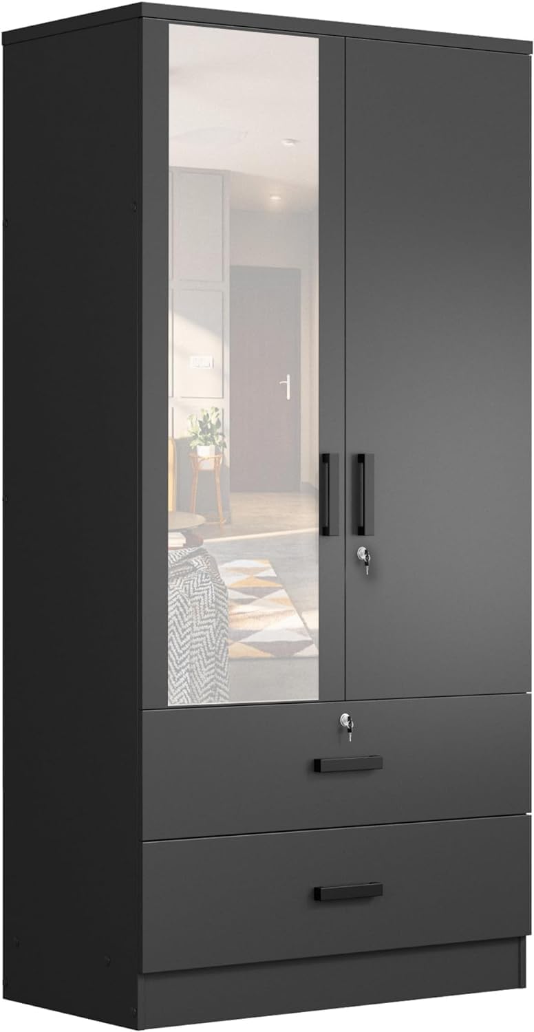 Woodpeckers Furniture And Mattress Mirrored Wardrobe with Drawers (Black)