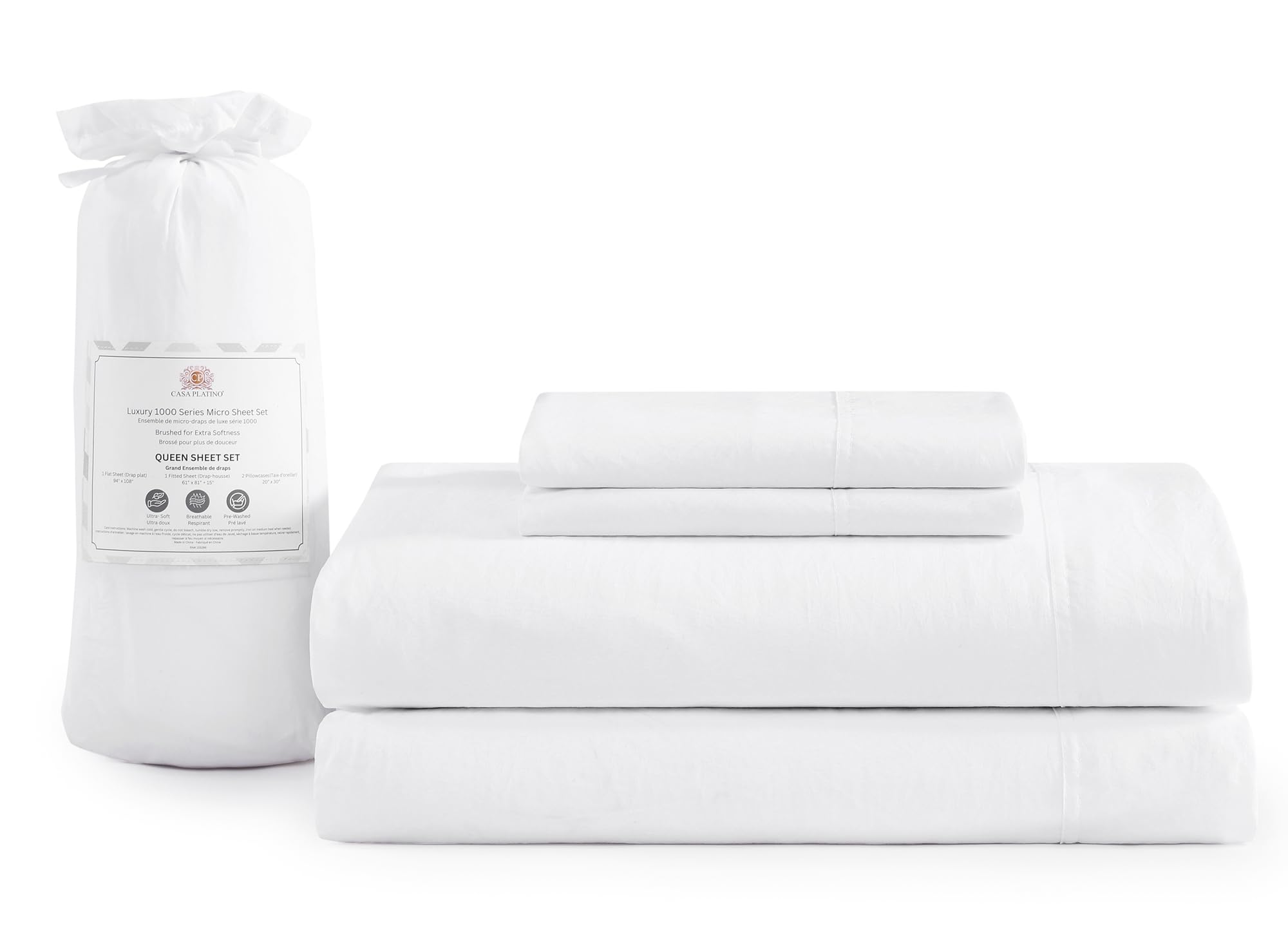 Casa Platino Bedding Sheets & Pillowcases,100% Brushed Microfiber Pre-Washed Queen Sheet Set,Ultra Soft And Breathable Bed Sheet