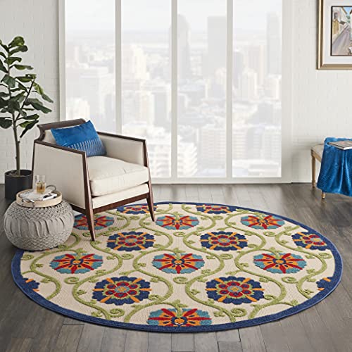 HomeRoots Blue/Multicolor 100% Polypropylene 8’ Round Blue Vines Indoor Outdoor Area Rug