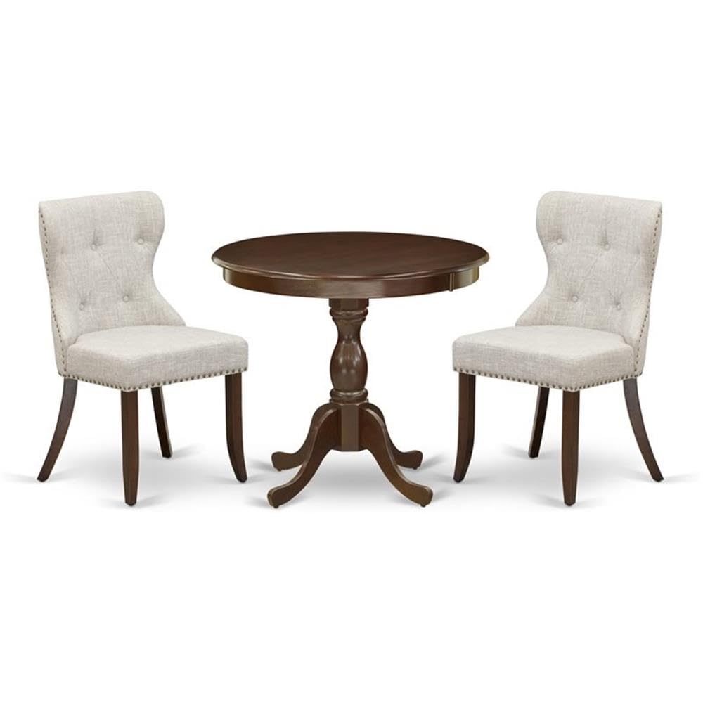 East West Furniture AMSI3-MAH-35 3 Piece Dining Room Table Set Contains a Round Kitchen Table with Pedestal and 2 Doeskin Linen 