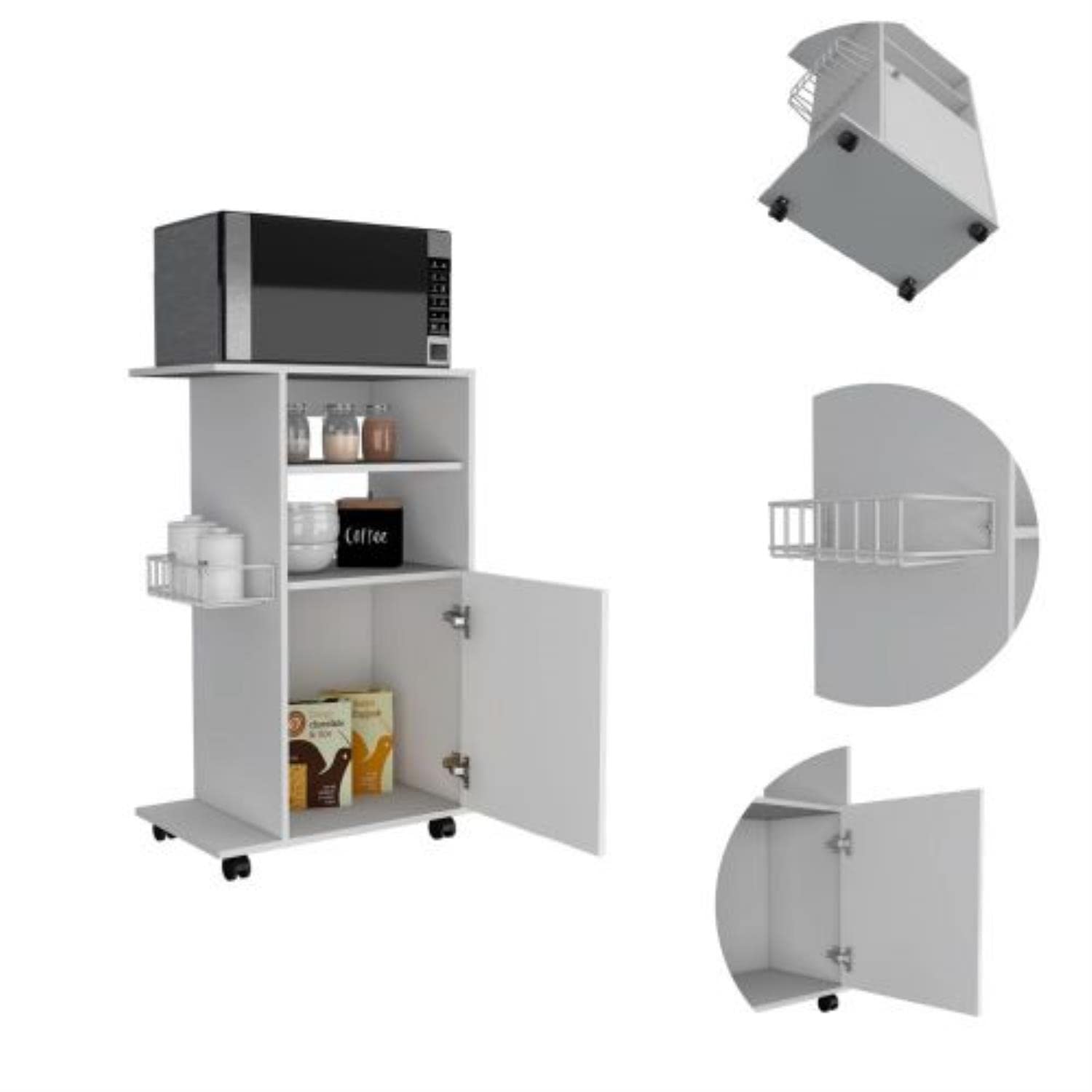 Modern Kitchen Cart 39" H, Single Door Cabinet, 4 Wheels, 1 Side Shelf, White
