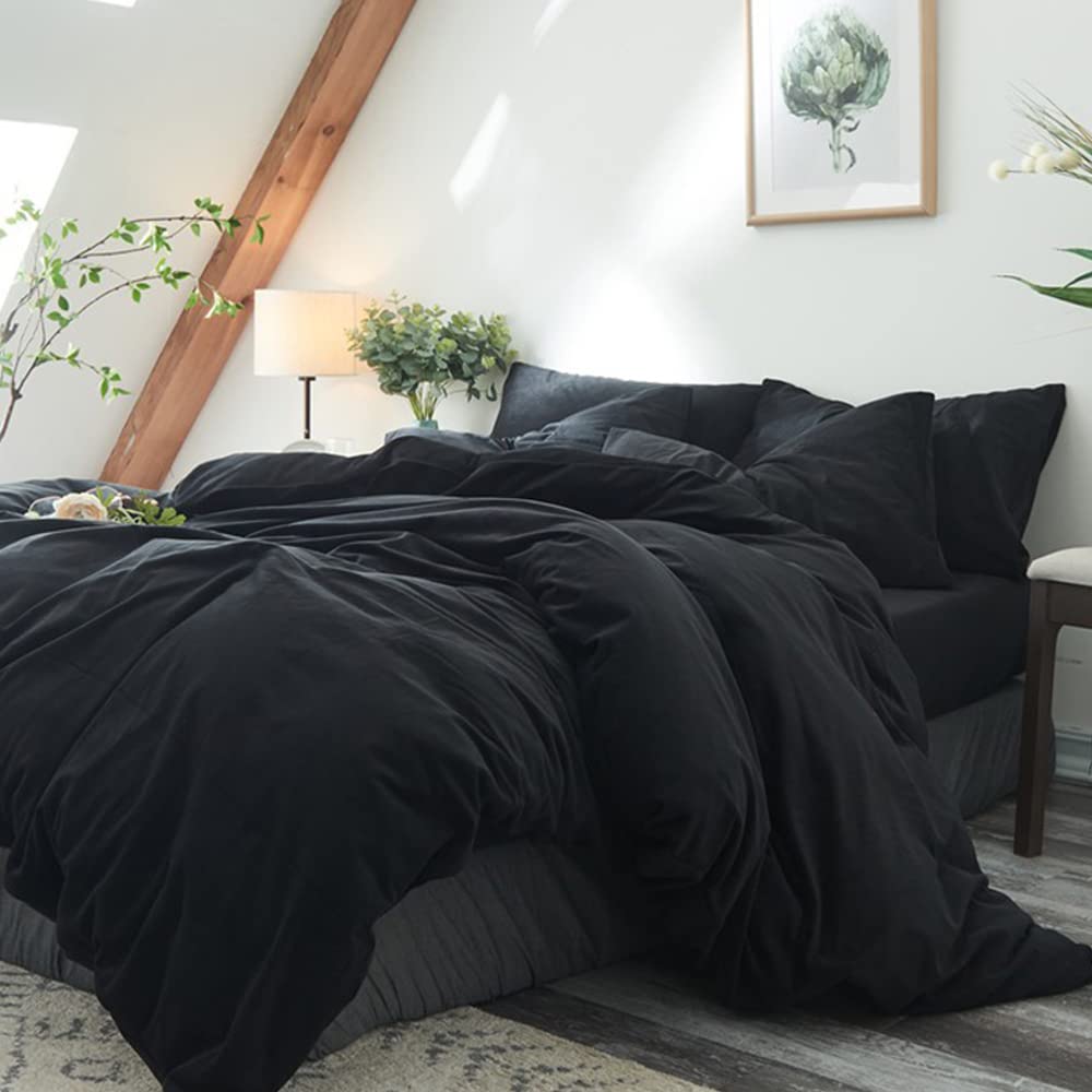 Clothknow Black Comforter Set Queen 3Pcs Black Bedding Comforter Sets Solid Black Queen Comforter Soft All Black Queen Size Comf