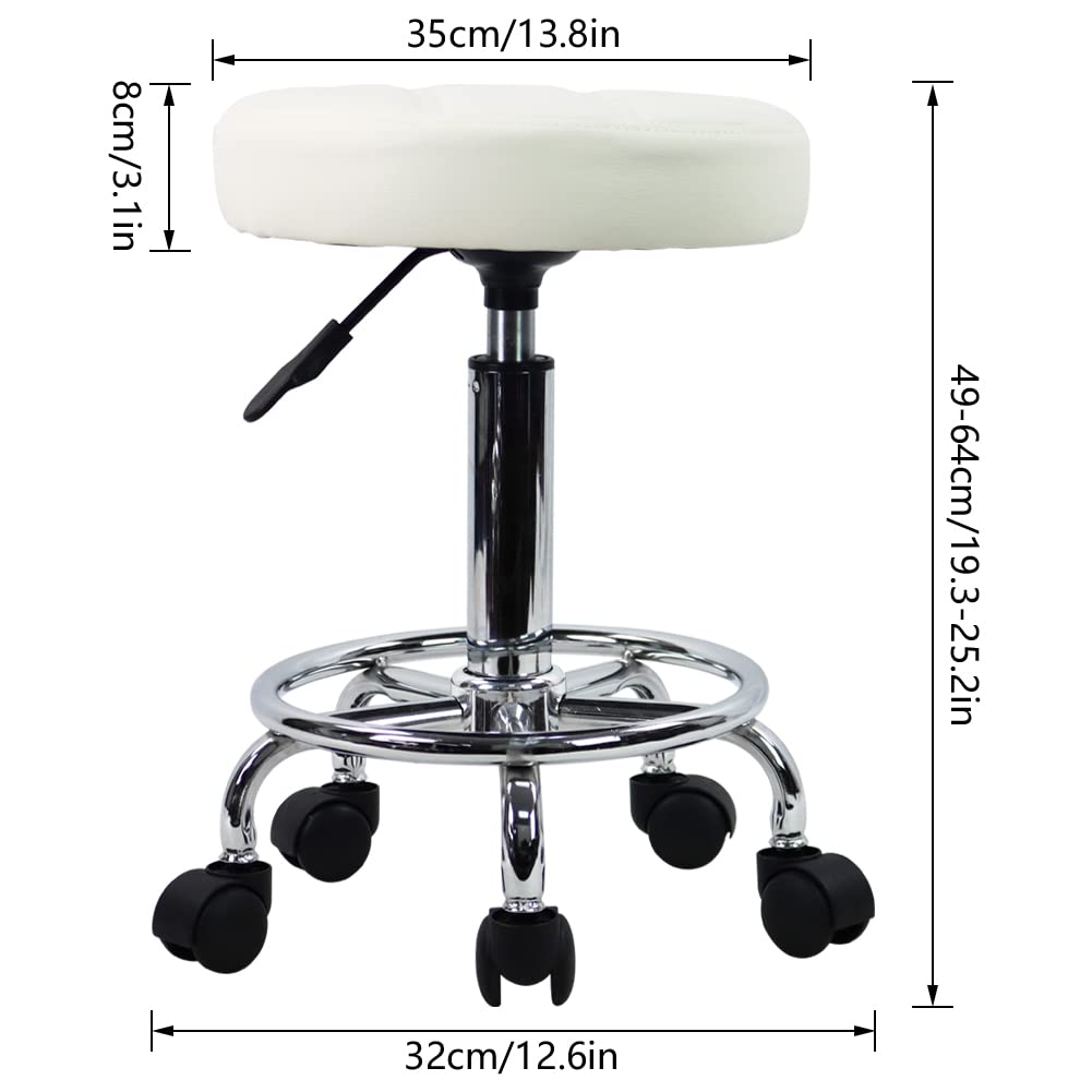 Kktoner Round Rolling Stool Chair Pu Leather Height Adjustable Swivel Drafting Work Spa Shop Salon Stools With Wheels Office Chair Small (White)