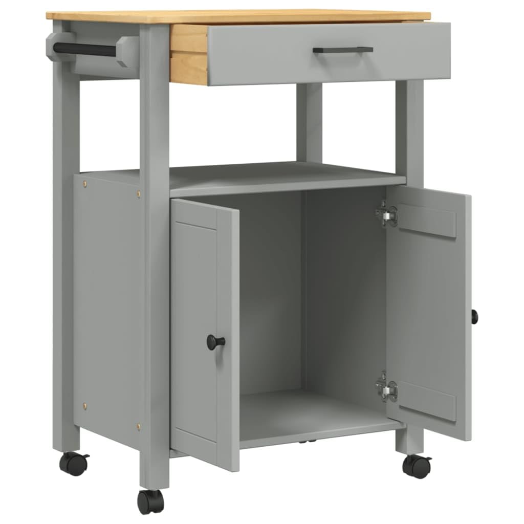 vidaXL Kitchen Trolley Rolling Cart - Solid Pine Wood with Drawer, 2 Doors, Wheels, Gray/Honey Wax, 23.6"x15.7"x35.4"