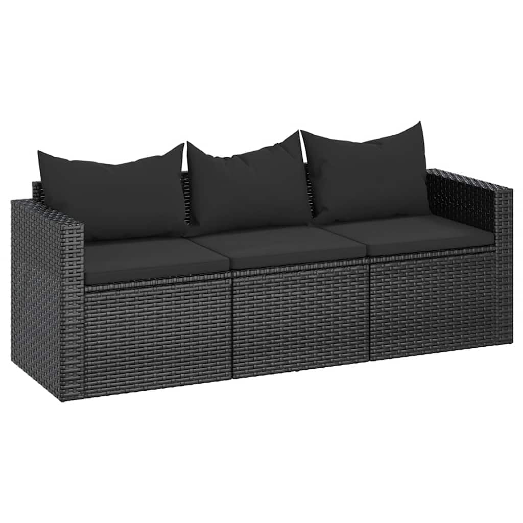 vidaXL Black 3-Seater Patio Sofa with Cushions - Poly Rattan Outdoor Furniture with Removable Padded Cushions, Durable PE Rattan