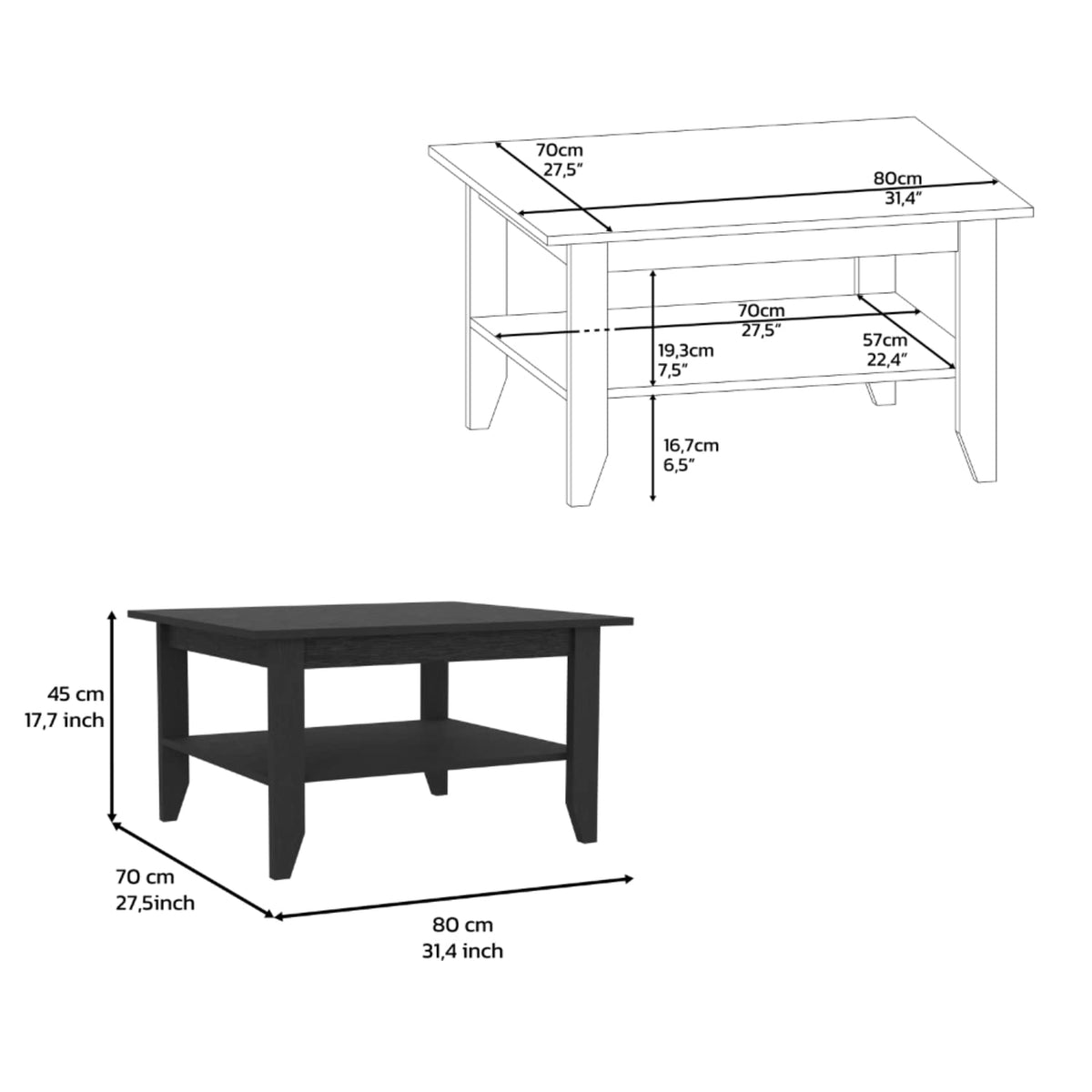 Sahara Coffee Table, 4 Legs, 1 Shelf, Black