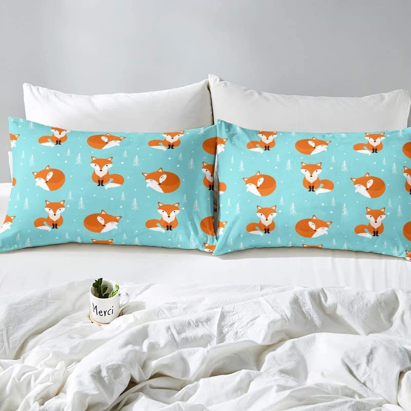 Kids Bed Sheets King Size Cute Fox Print Bed Sheet Set For Boys Girls Bedroom Cartoon Kawaii Decor Woodland Fox Wild Animal Bedding Set Children Toddler Fitted Sheet + Flat Sheet + 2 Pillow Case